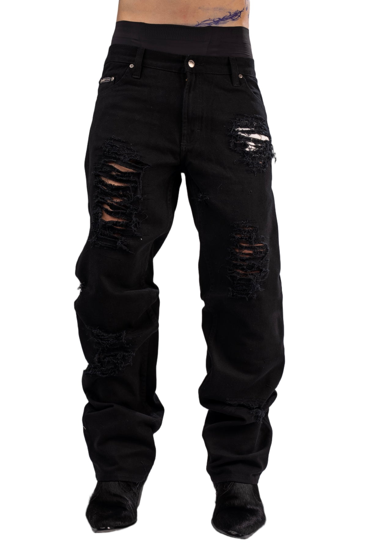 Black distressed jeans by AGONY, handmade in Austria from deadstock denim – photo 3 of 5