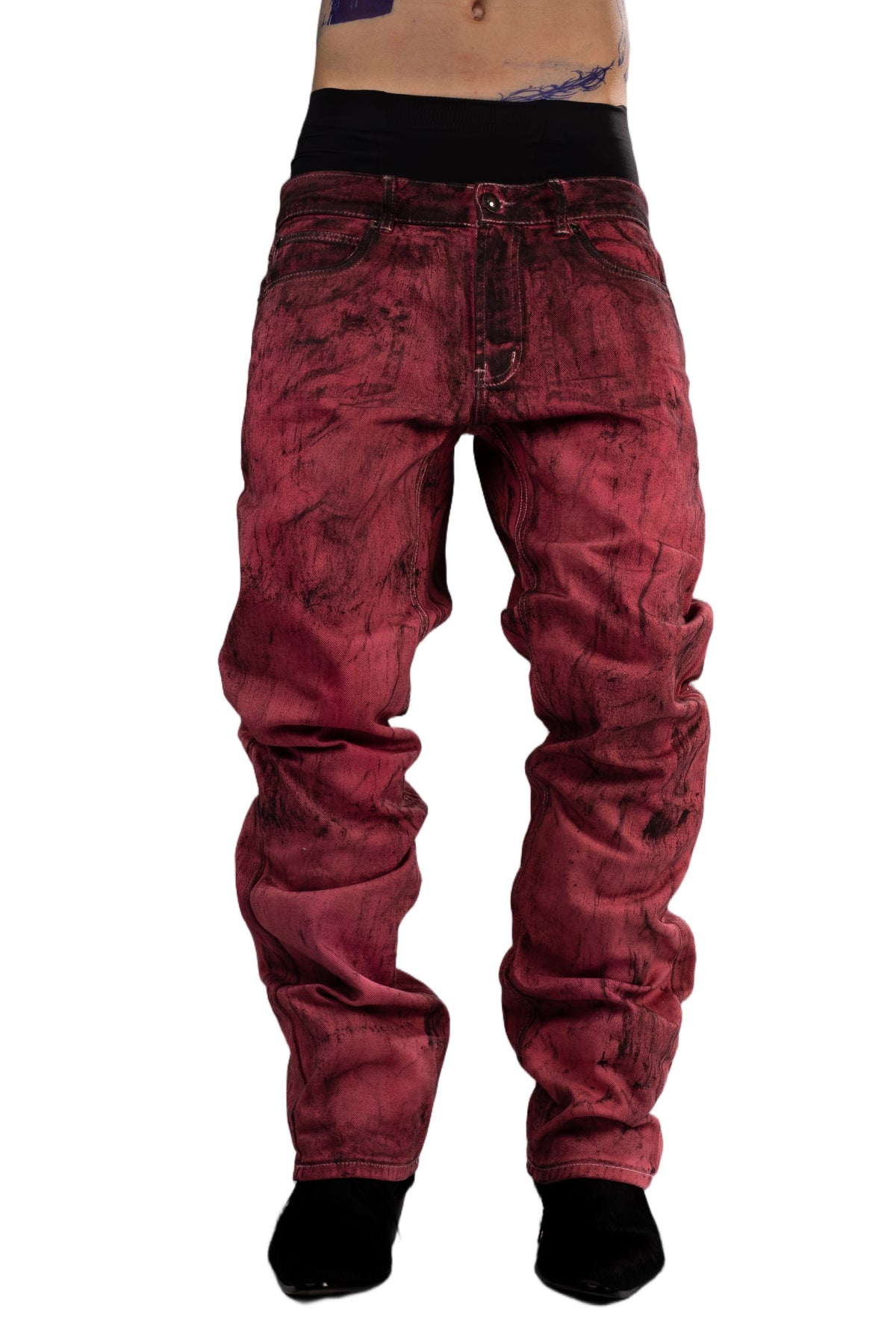 Red washed jeans by AGONY, handmade in Austria from deadstock denim – photo 3 of 4