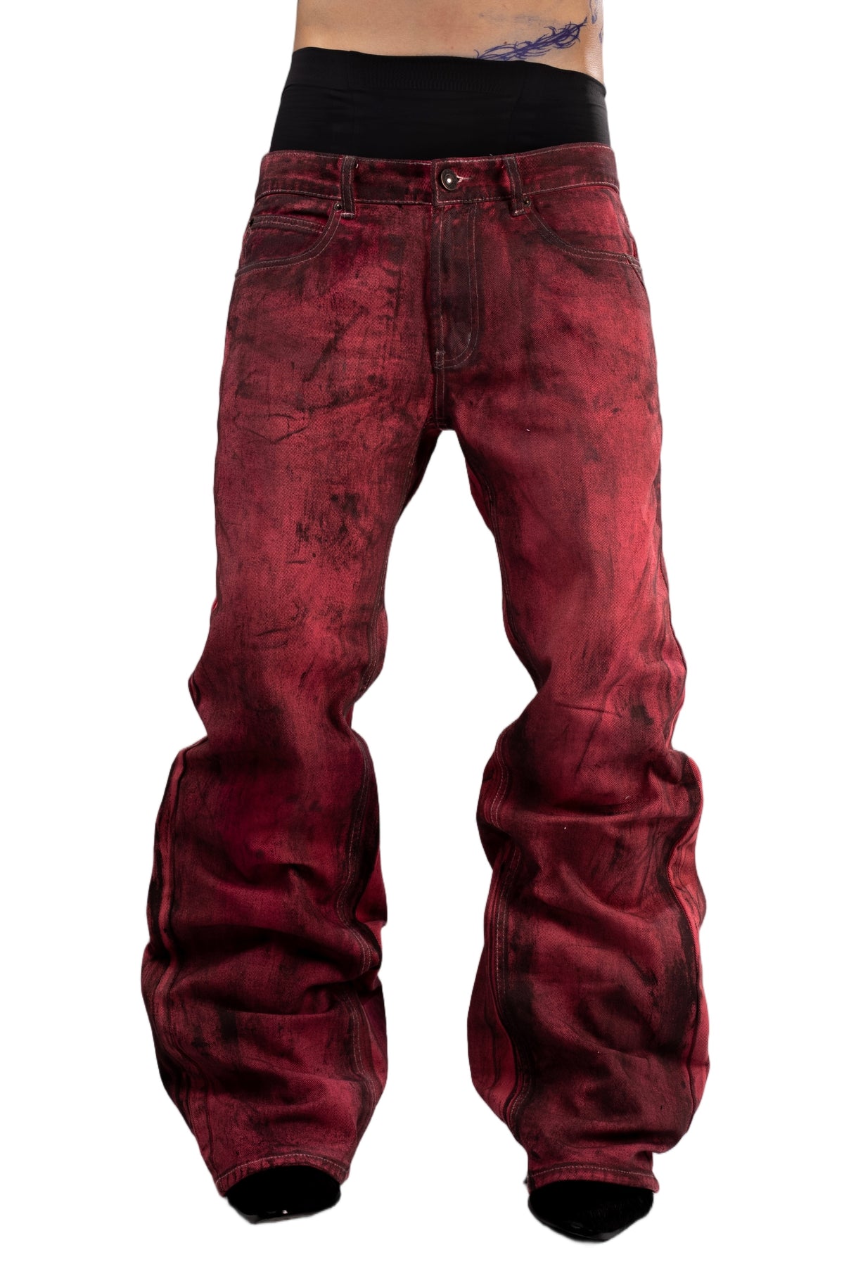 Red washed jeans by AGONY, handmade in Austria from deadstock denim – photo 1 of 4