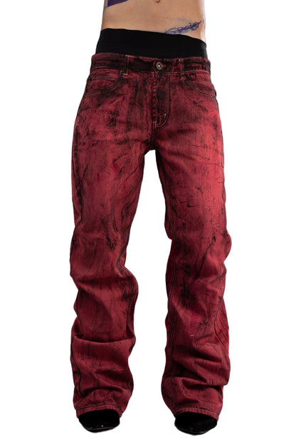 Red washed jeans by AGONY, handmade in Austria from deadstock denim – photo 4 of 4